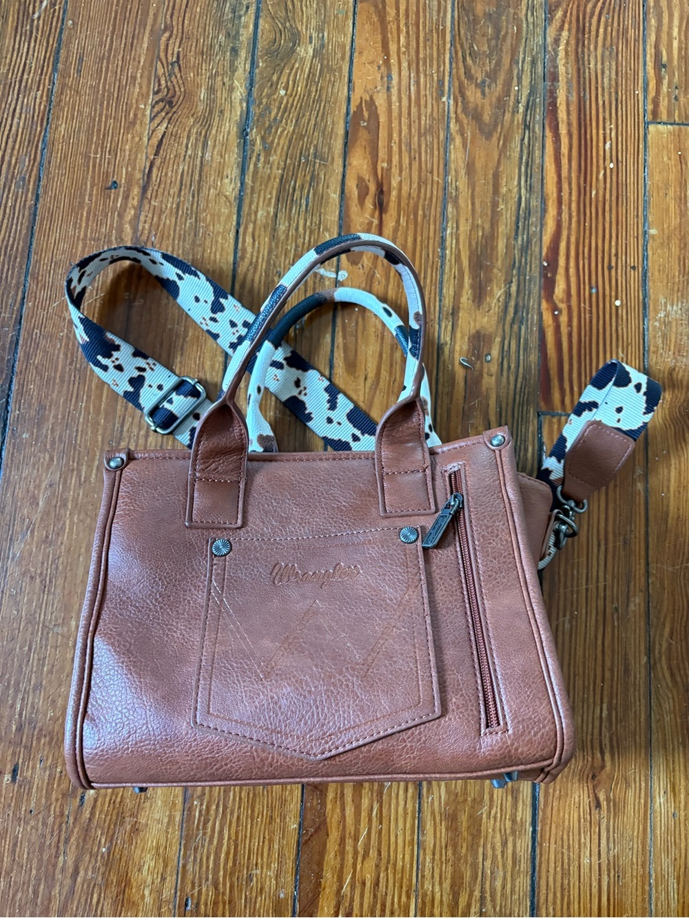Wrangler Brown Faux Leather Satchel with Patterned Crossbody Strap